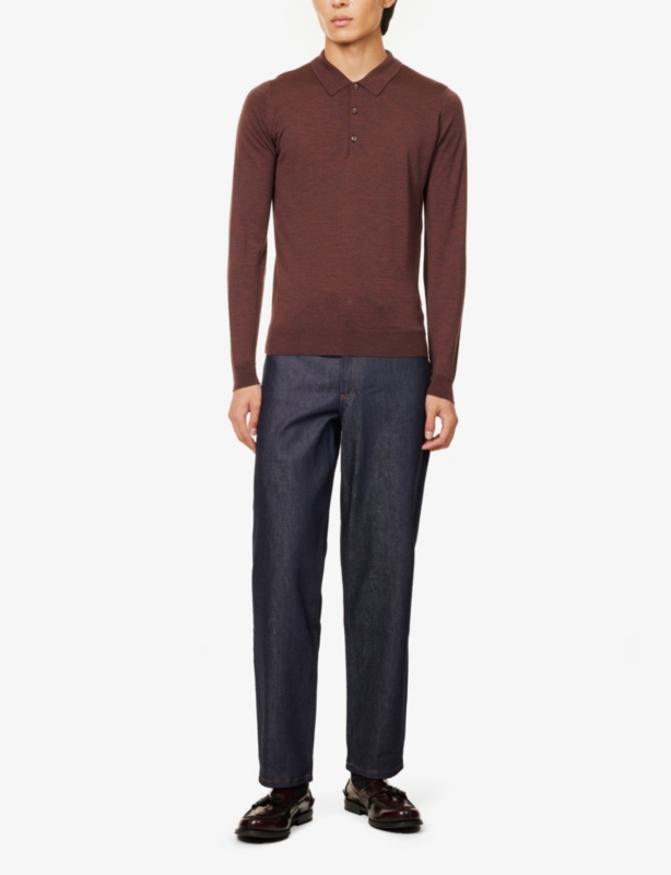 Ribbed-trim elasticated-hem wool polo shirt
