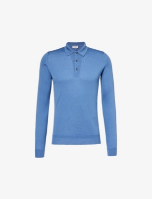 John Smedley Mens Riveria Blue Ribbed-trim Elasticated-hem Wool Polo Shirt