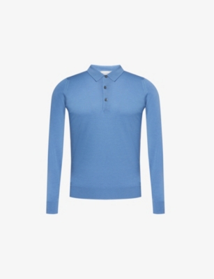 John Smedley Mens Riveria Blue Ribbed-trim Elasticated-hem Wool Polo Shirt