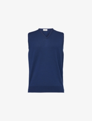 John Smedley Mens Hemingway Blue V-neck Knitted Regular-fit Wool Vest Xl