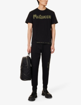Shop Alexander Mcqueen Men's Black Khaki Graffiti Logo-print Cotton-jersey T-shirt