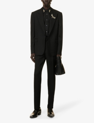 Shop Alexander Mcqueen Men's Black Dragonfly-embellished Single-breasted Wool Jacket