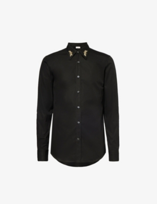 Shop Alexander Mcqueen Dragonfly-embellished Regular-fit Cotton-poplin Shirt In Black