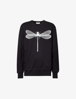 Shop Alexander Mcqueen Men's Black White Dragonfly Graphic-print Cotton-jersey Sweatshirt