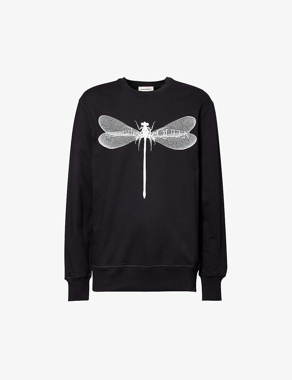 Shop Alexander Mcqueen Mens Black White Dragonfly Graphic-print Cotton-jersey Sweatshirt