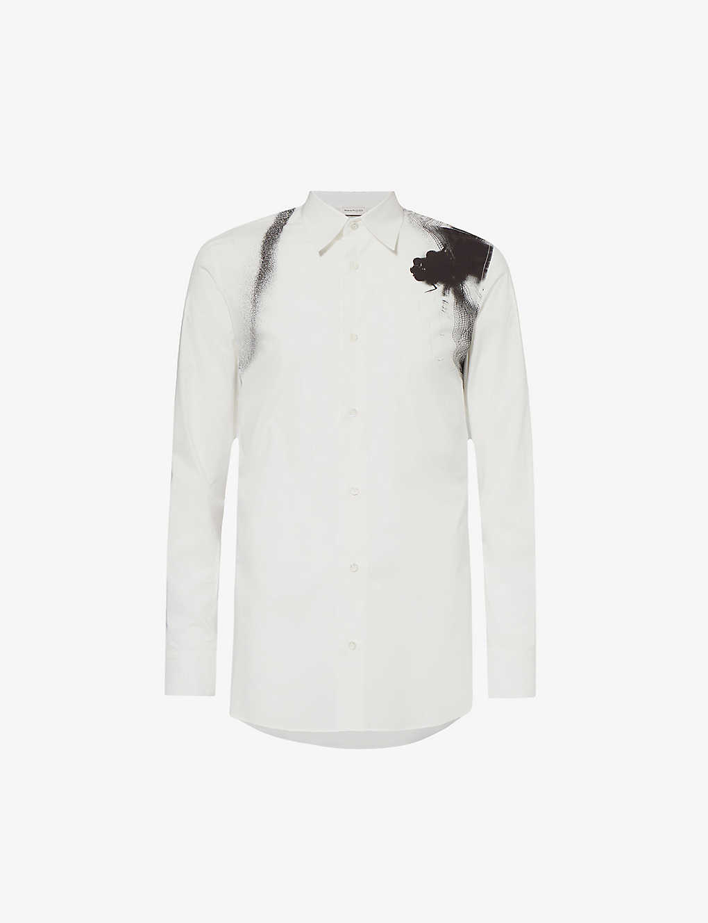 Alexander Mcqueen Mens White Black Graphic-print Curved-hem Cotton-poplin Shirt