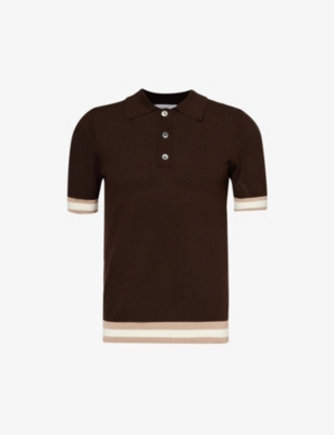 Che Mens Chocolate Brown - 38 Quinn Stripe-trimmed Cotton-knit Polo Shirt
