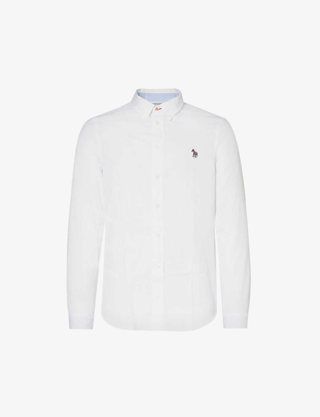 Ps By Paul Smith Mens White Zebra-embroidered Curved-hem Regular-fit Organic-cotton Shirt