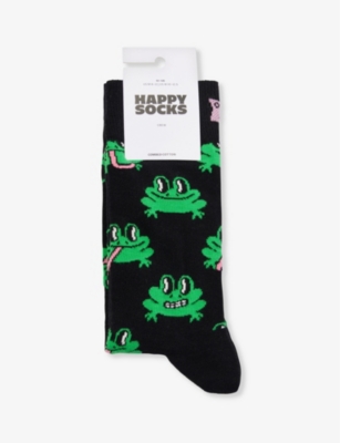 Happy Socks Mens Black Frog-print Cotton-blend Socks