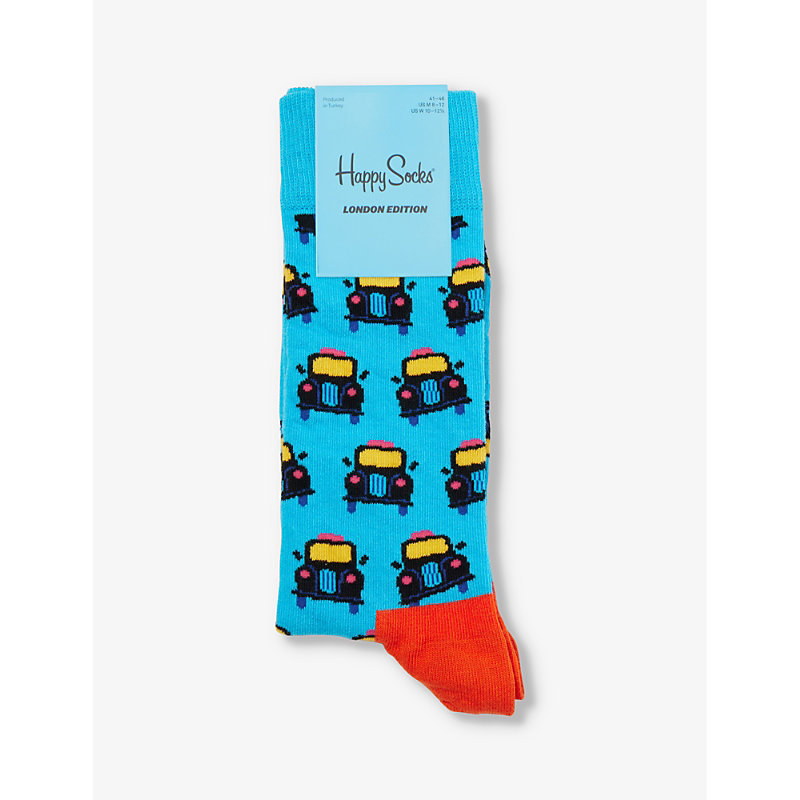 Happy Socks Mens Blue London Cab Graphic-print Stretch-cotton-blend Socks