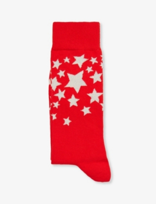 Happy Socks Mens Red Stars Graphic-print Stretch-cotton-blend Socks