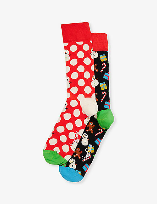 HAPPY SOCKS: Snowman graphic-print pack of two stretch-cotton-blend socks
