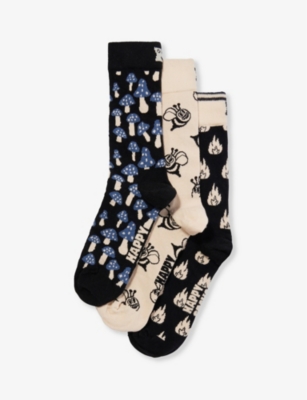Happy Socks Mens Black Magic Graphic-print Pack Of Three Stretch-cotton-blend Socks