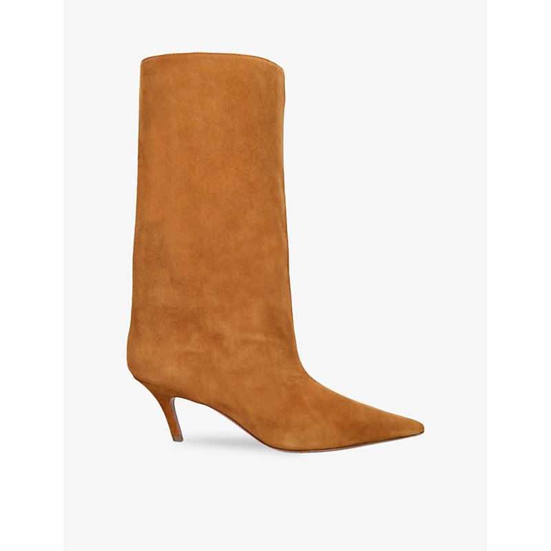 Amina Muaddi Womens Tan Fiona Pointed-toe Suede Heeled Ankle Boots