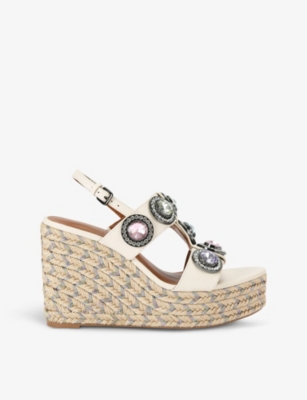 Kurt Geiger Octavia Crystal-embellishment Wedge Leather Heeled Sandals In Bone/comb