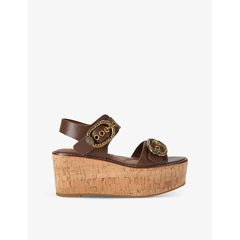 Shop Kurt Geiger Mayfair Buckle-embellished Leather Platform Sandals In Tan