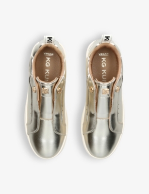 Shop Kg Kurt Geiger Lucia Branded Metallic Faux-leather Low-top Trainers In Gold