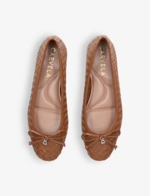 Shop Carvela Comfort Womens Tan Luggage Bow-embellished Leather Ballet Flats