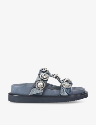 Shop Kurt Geiger London Womens Denim Orson Crystal-embellished Woven Flat Sandals