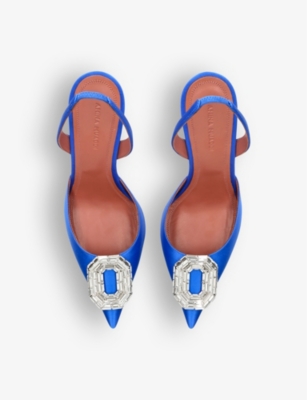 Shop Amina Muaddi Womens Blue Camelia Crystal-embellished Satin And Leather Sling-back Courts
