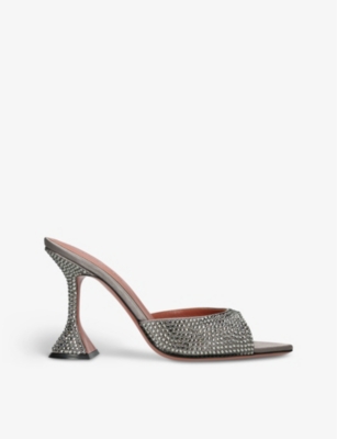 Amina Muaddi Gray Caroline Crystal Heeled Sandals In Grey/dark