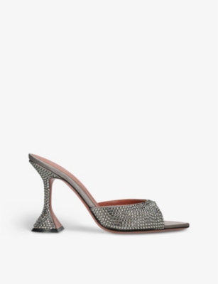 Shop Amina Muaddi Women's Grey/dark Caroline Crystal-embellished Suede Heeled Sandals