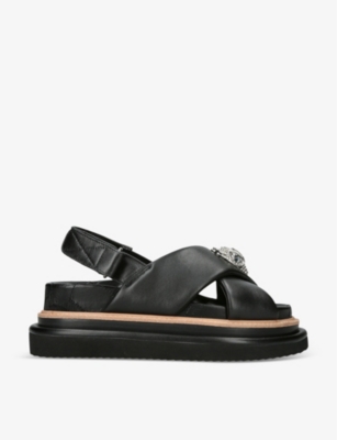 Kurt Geiger London Womens Black Orson Cross-strap Leather Flat Sandals