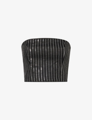Shop Rotate Birger Christensen Women's Black Sequin-embellished Stripe Strapless Cotton-twill Top