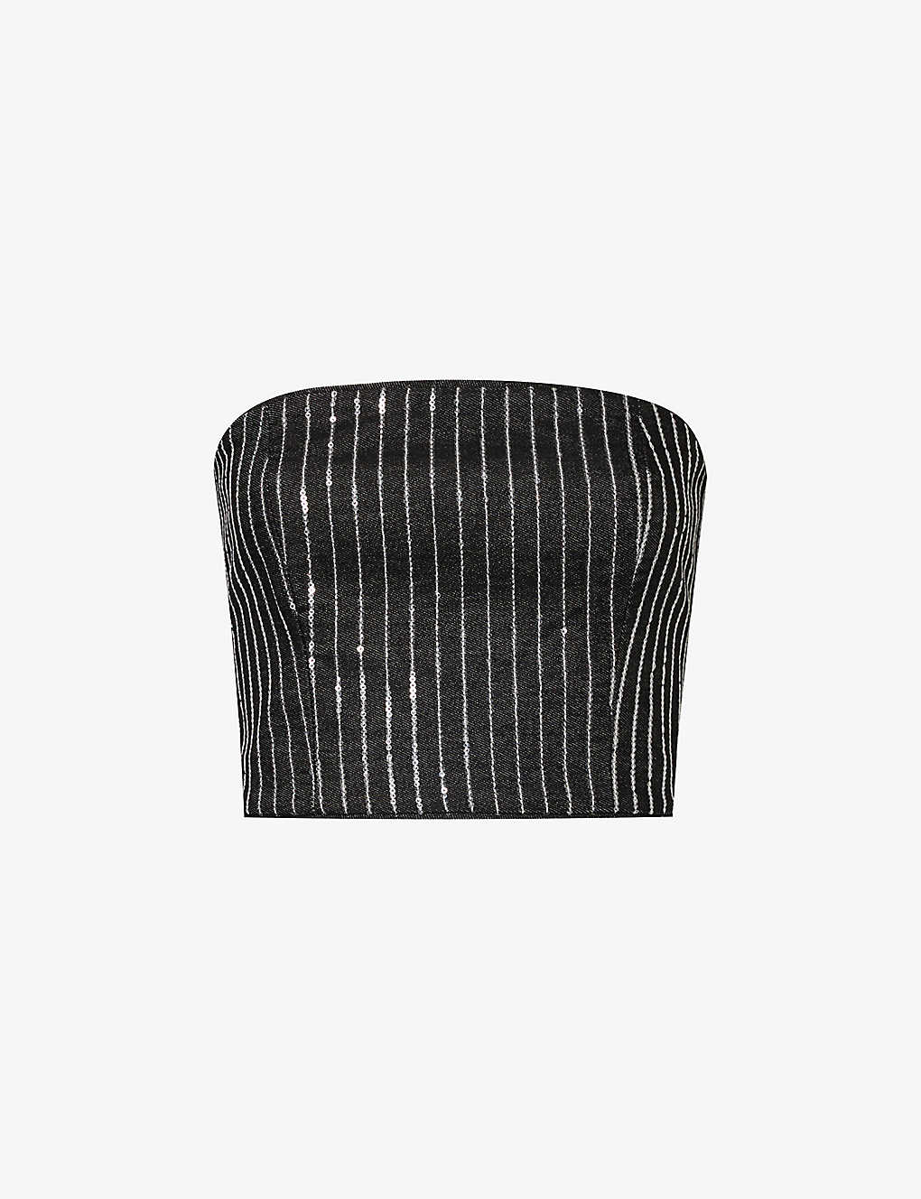 Shop Rotate Birger Christensen Sequin-embellished Stripe Strapless Cotton-twill Top In Black