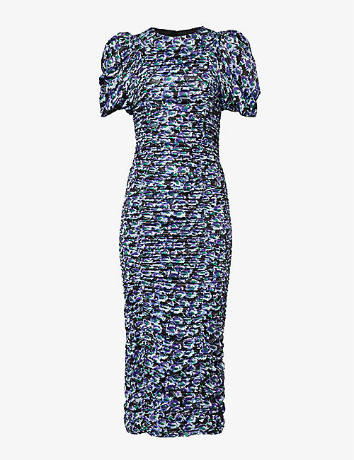 ROTATE BIRGER CHRISTENSEN: Floral-print puffed-sleeve recycled polyester-blend midi dress