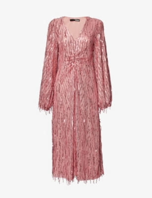 Shop Rotate Birger Christensen Women's Pink Mist Sequin-embellished V-neck Woven Midi Dress