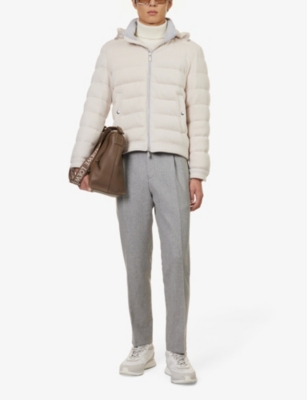 Shop Eleventy Men's Sand Funnel-neck Wool And Cashmere-blend Down-jacket In Cream
