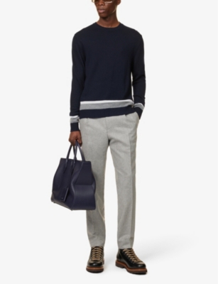 Shop Eleventy Mens Navy Grey Ivory Contrast-stripe Crewneck Wool Jumper