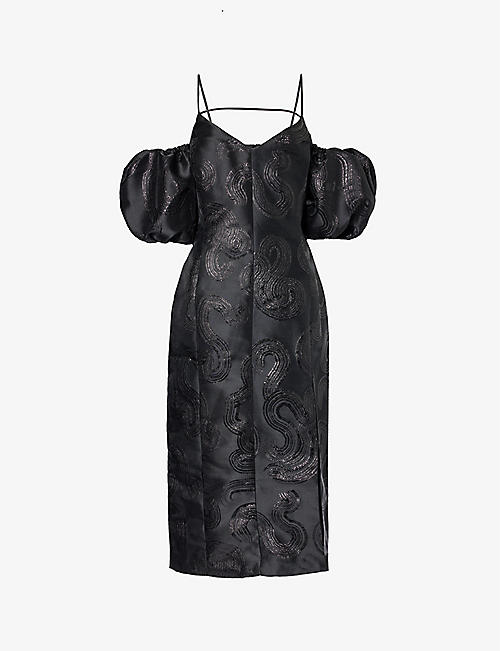 STINE GOYA：Ditta 金属色涡纹再生聚酯纤维混纺中长连衣裙
