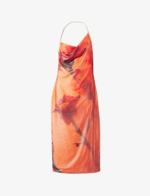 Stine Goya Promise Floral Asymmetric Neck Velvet Midi Slipdress In Orange