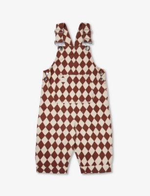 Shop Claude & Co. Claude & Co Hazel Diamond-check Square-neck Organic-cotton Dungarees 6 Months-5 Years In Tan