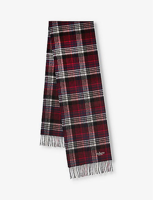 MULBERRY: Checked logo-embroidered wool scarf