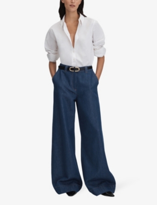 Shop Reiss Women's Dark Blue Olivia Wide-leg High-rise Denim Jeans
