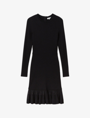 Shop Reiss Women's Black Sheer Pleated-panel Stretch-knit Mini Dress