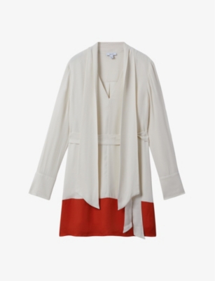 Shop Reiss Women's Cream/red Marta Tie-neck Colour-block Woven Mini Dress