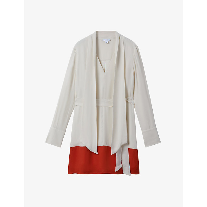 Shop Reiss Women's Cream/red Marta Tie-neck Colour-block Woven Mini Dress
