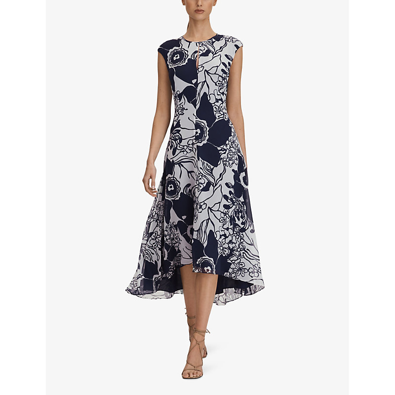 Shop Reiss Becci Floral-print Woven Midi Dress In Blue