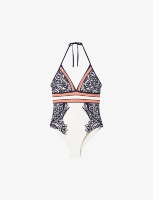 Reiss Monica Scarf Print One Piece Swimsuit In Navy/red
