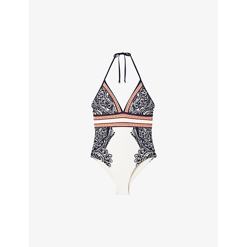 Shop Reiss Womens Navy/red Monica Scarf-print Stretch-nylon Swimsuit