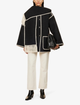 Shop Totême Toteme Women's Dark Grey Melange Scarf-overlay Contrast-trim Relaxed-fit Wool-blend Jacket