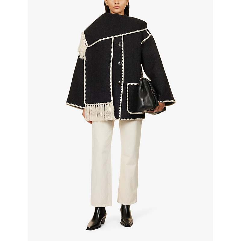 Shop Totême Scarf-overlay Contrast-trim Relaxed-fit Wool-blend Jacket In Dark Grey Melange