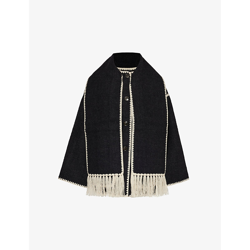 Shop Totême Scarf-overlay Contrast-trim Relaxed-fit Wool-blend Jacket In Dark Grey Melange