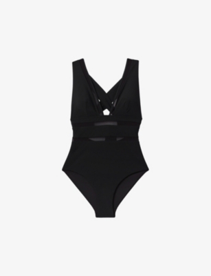 REISS Harper mesh insert cross back stretch cotton swimsuit Selfridges