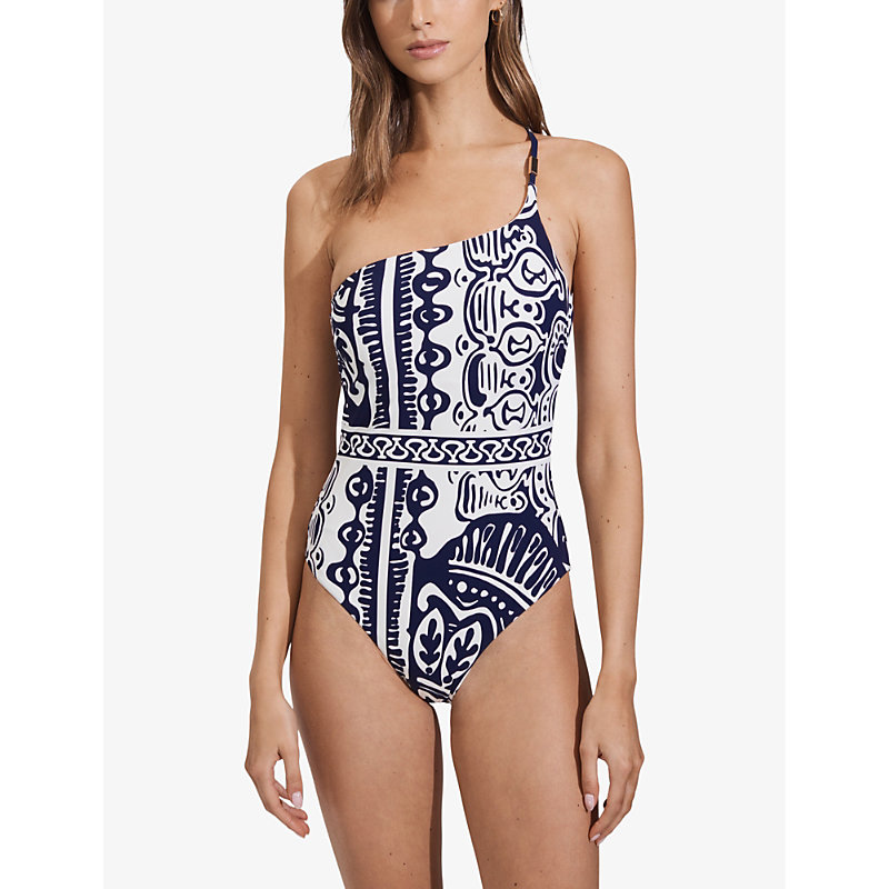 Shop Reiss Women's Navy/white Oliva One-shoulder Graphic-print Swimsuit