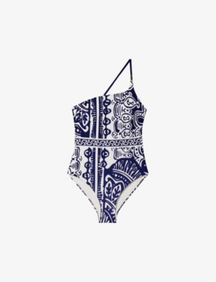 REISS: Oliva one-shoulder graphic-print swimsuit